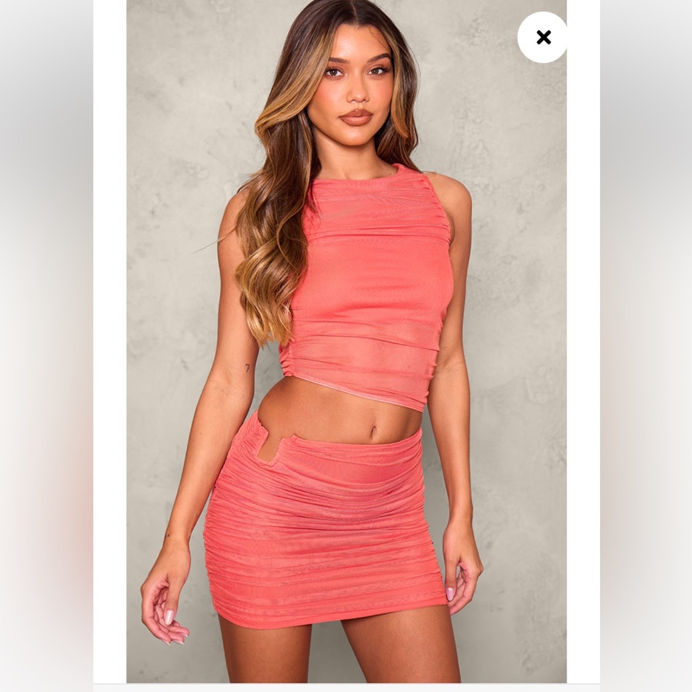 Pretty Little Thing Red Mesh High Neck Cut Out Mini Dress